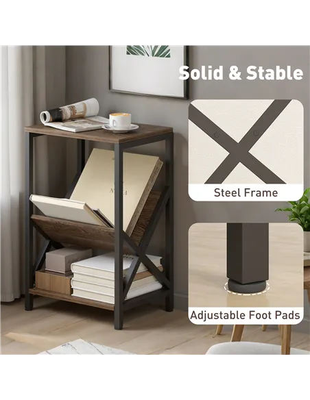 HOMCOM Narrow Side Table, End Table with 3-Tier Storage, V-Shaped Magazine Holder for Living Room, Bedroom, 40 x 30 x 61cm, Oak