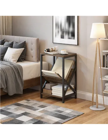 HOMCOM Narrow Side Table, End Table with 3-Tier Storage, V-Shaped Magazine Holder for Living Room, Bedroom, 40 x 30 x 61cm, Oak