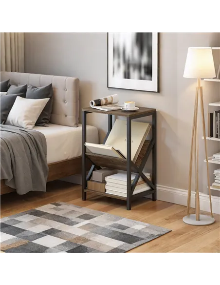 HOMCOM Narrow Side Table, End Table with 3-Tier Storage, V-Shaped Magazine Holder for Living Room, Bedroom, 40 x 30 x 61cm, Oak