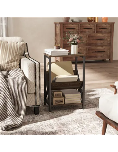 HOMCOM Narrow Side Table, End Table with 3-Tier Storage, V-Shaped Magazine Holder for Living Room, Bedroom, 40 x 30 x 61cm, Oak