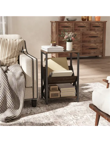 HOMCOM Narrow Side Table, End Table with 3-Tier Storage, V-Shaped Magazine Holder for Living Room, Bedroom, 40 x 30 x 61cm, Oak