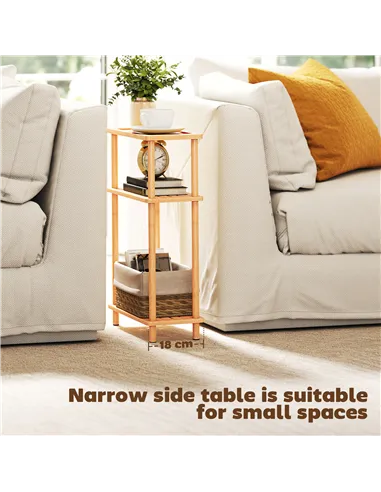 HOMCOM Bamboo Side Table, 3-Tier Slim End Table, Nordic Style, for Living Room, Bedroom, Office, Tool-Free Assembly, Natural Woo