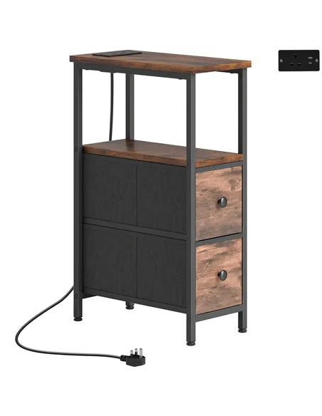 HOMCOM Side Table, Narrow Bedside Table with Charging Station, 2 Drawers, AC Outlet and 2 USB Ports for Living Room, Bedroom
