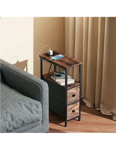 HOMCOM Side Table, Narrow Bedside Table with Charging Station, 2 Drawers, AC Outlet and 2 USB Ports for Living Room, Bedroom