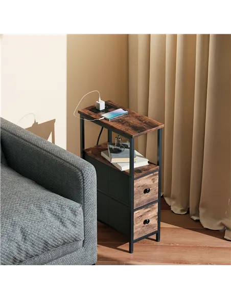 HOMCOM Side Table, Narrow Bedside Table with Charging Station, 2 Drawers, AC Outlet and 2 USB Ports for Living Room, Bedroom