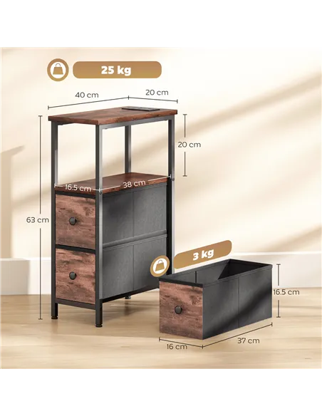 HOMCOM Side Table, Narrow Bedside Table with Charging Station, 2 Drawers, AC Outlet and 2 USB Ports for Living Room, Bedroom