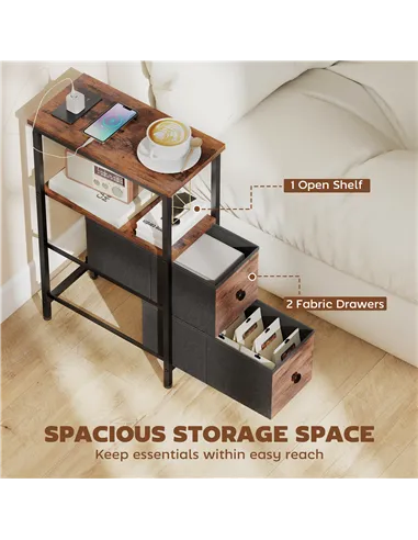 HOMCOM Side Table, Narrow Bedside Table with Charging Station, 2 Drawers, AC Outlet and 2 USB Ports for Living Room, Bedroom