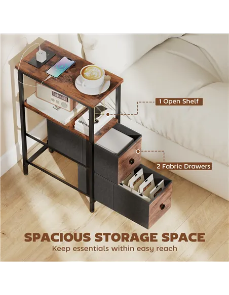 HOMCOM Side Table, Narrow Bedside Table with Charging Station, 2 Drawers, AC Outlet and 2 USB Ports for Living Room, Bedroom