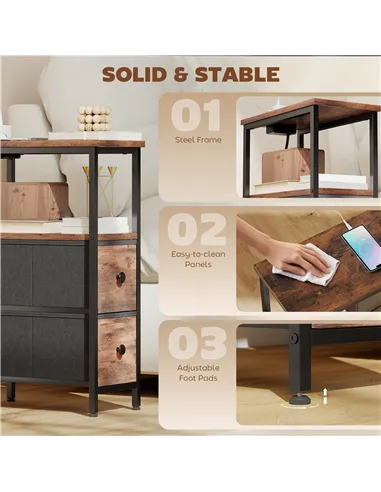 HOMCOM Side Table, Narrow Bedside Table with Charging Station, 2 Drawers, AC Outlet and 2 USB Ports for Living Room, Bedroom