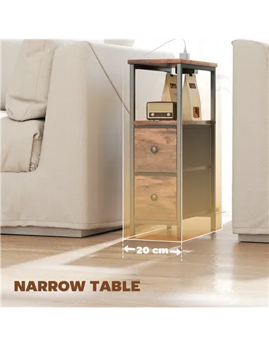HOMCOM Side Table, Narrow Bedside Table with Charging Station, 2 Drawers, AC Outlet and 2 USB Ports for Living Room, Bedroom