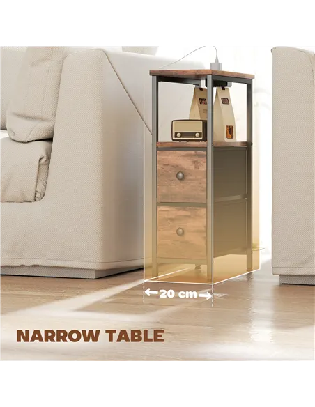 HOMCOM Side Table, Narrow Bedside Table with Charging Station, 2 Drawers, AC Outlet and 2 USB Ports for Living Room, Bedroom