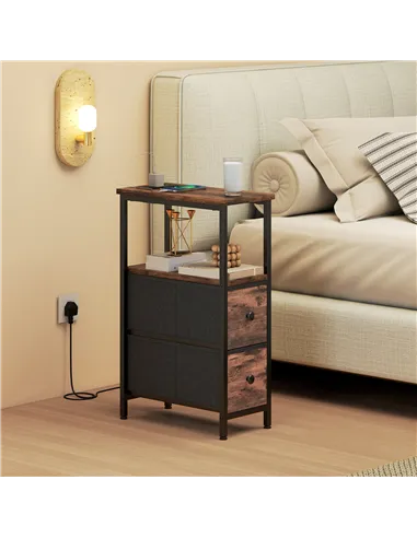 HOMCOM Side Table, Narrow Bedside Table with Charging Station, 2 Drawers, AC Outlet and 2 USB Ports for Living Room, Bedroom