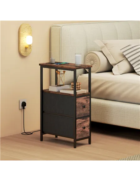 HOMCOM Side Table, Narrow Bedside Table with Charging Station, 2 Drawers, AC Outlet and 2 USB Ports for Living Room, Bedroom