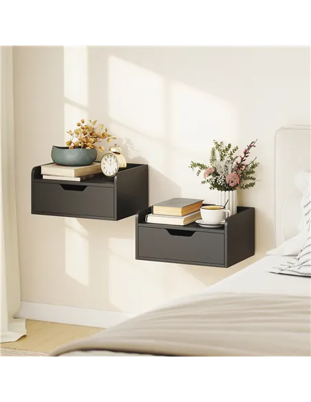 HOMCOM Floating Nightstands Set of 2, Wall Mounted Bedside Table with Drawer for Bedroom, Black