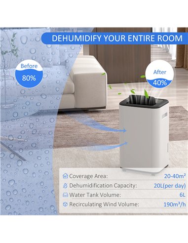 HOMCOM 6000mL Portable Dehumidifier with 24H Timer, 3 Dehumidifying Modes, 20L/Day, for Home Laundry Basement