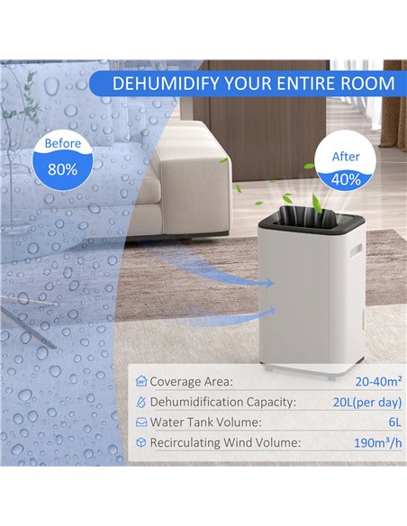 HOMCOM 6000mL Portable Dehumidifier with 24H Timer, 3 Dehumidifying Modes, 20L/Day, for Home Laundry Basement