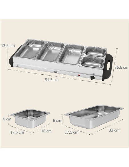HOMCOM 5 Tray Electric Food Warmer Buffet Server with Warming Plate, Cool Touch Handles, Adjustable Temperature, 300W, 3 x 2.4L 