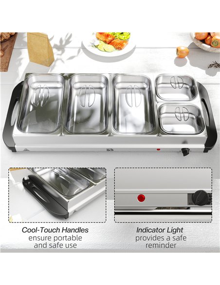HOMCOM 5 Tray Electric Food Warmer Buffet Server with Warming Plate, Cool Touch Handles, Adjustable Temperature, 300W, 3 x 2.4L 