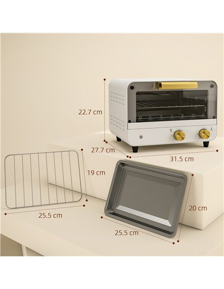 HOMCOM Small Toaster Oven, 12L Multifunction Mini Countertop Oven with Glass Door, Adjustable Temperature and Timer, White