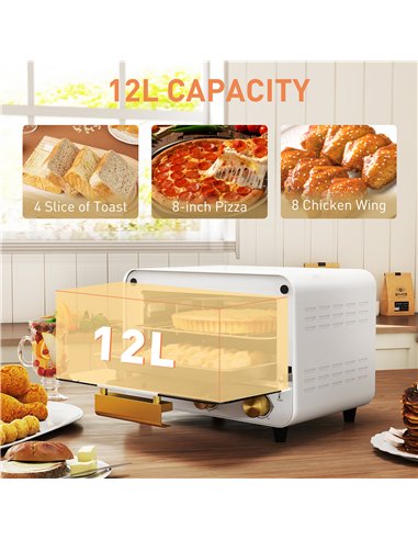 HOMCOM Small Toaster Oven, 12L Multifunction Mini Countertop Oven with Glass Door, Adjustable Temperature and Timer, White