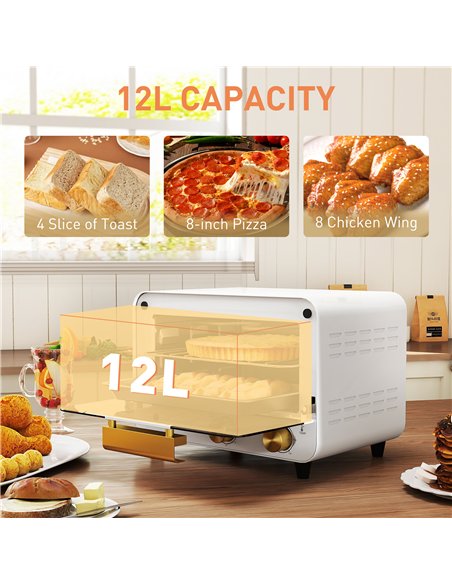 HOMCOM Small Toaster Oven, 12L Multifunction Mini Countertop Oven with Glass Door, Adjustable Temperature and Timer, White