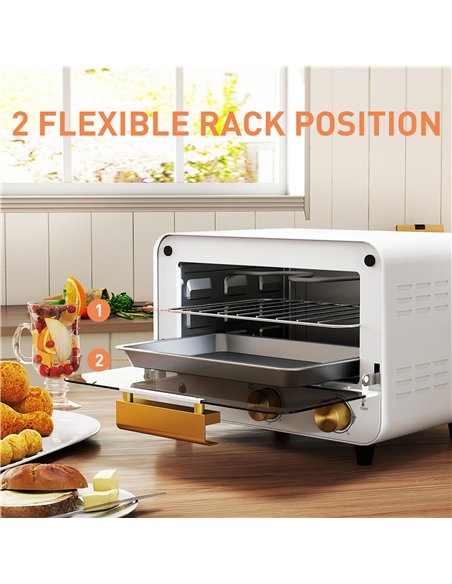 HOMCOM Small Toaster Oven, 12L Multifunction Mini Countertop Oven with Glass Door, Adjustable Temperature and Timer, White