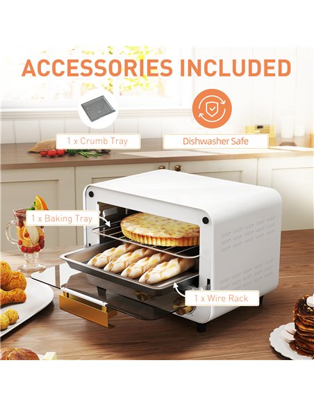 HOMCOM Small Toaster Oven, 12L Multifunction Mini Countertop Oven with Glass Door, Adjustable Temperature and Timer, White