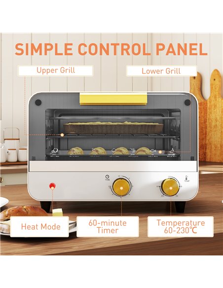 HOMCOM Small Toaster Oven, 12L Multifunction Mini Countertop Oven with Glass Door, Adjustable Temperature and Timer, White
