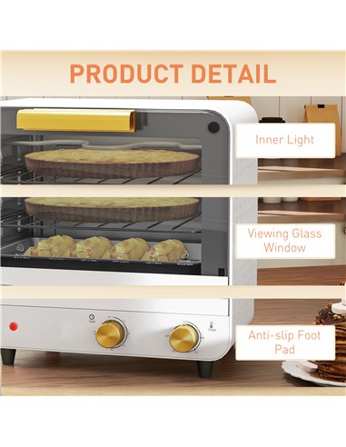 HOMCOM Small Toaster Oven, 12L Multifunction Mini Countertop Oven with Glass Door, Adjustable Temperature and Timer, White