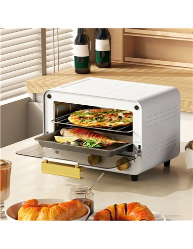 HOMCOM Small Toaster Oven, 12L Multifunction Mini Countertop Oven with Glass Door, Adjustable Temperature and Timer, White