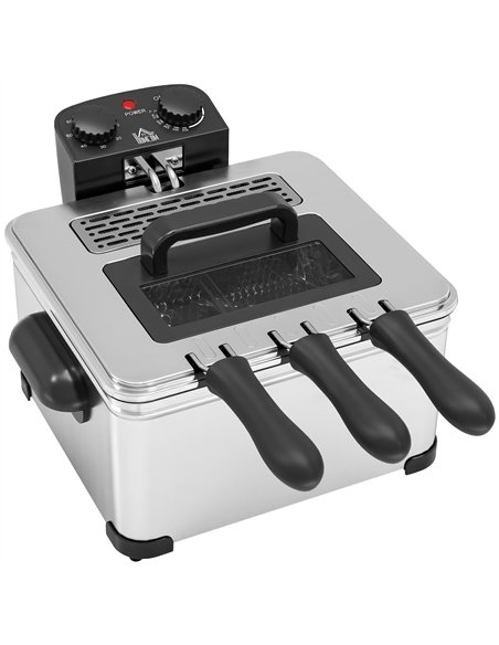 HOMCOM 5 Litre Deep Fat Fryer Stainless Steel with Adjustable Temperature, 60min Timer, Removable Oil Basket, Viewing Window and