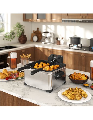 HOMCOM 5 Litre Deep Fat Fryer Stainless Steel with Adjustable Temperature, 60min Timer, Removable Oil Basket, Viewing Window and