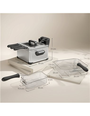 HOMCOM 5 Litre Deep Fat Fryer Stainless Steel with Adjustable Temperature, 60min Timer, Removable Oil Basket, Viewing Window and