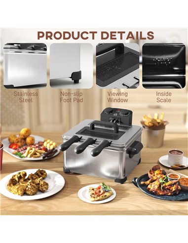 HOMCOM 5 Litre Deep Fat Fryer Stainless Steel with Adjustable Temperature, 60min Timer, Removable Oil Basket, Viewing Window and