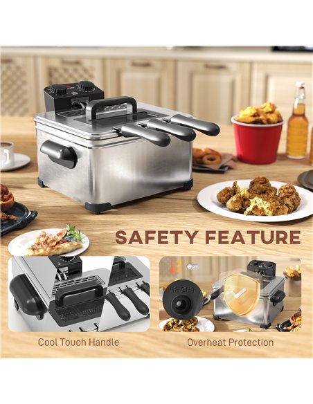 HOMCOM 5 Litre Deep Fat Fryer Stainless Steel with Adjustable Temperature, 60min Timer, Removable Oil Basket, Viewing Window and
