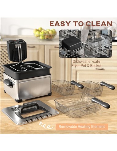 HOMCOM 5 Litre Deep Fat Fryer Stainless Steel with Adjustable Temperature, 60min Timer, Removable Oil Basket, Viewing Window and