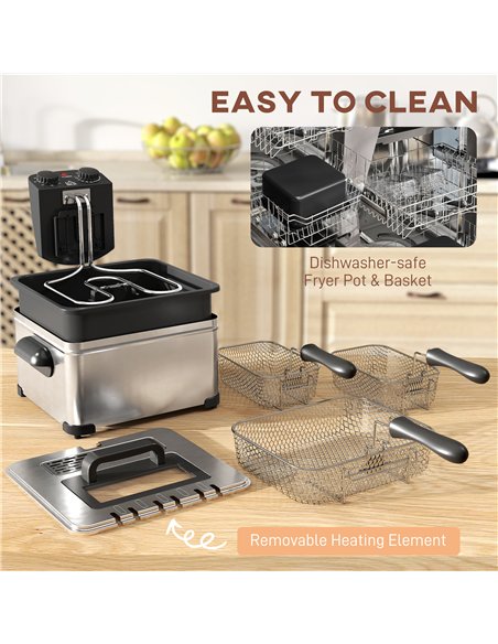 HOMCOM 5 Litre Deep Fat Fryer Stainless Steel with Adjustable Temperature, 60min Timer, Removable Oil Basket, Viewing Window and