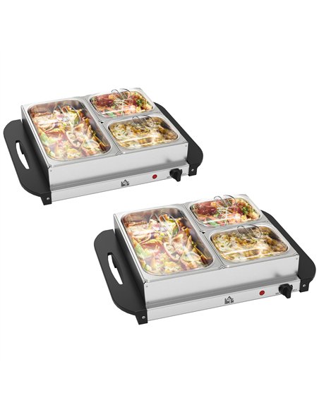 HOMCOM 4.5L Stainless Steel Electric Buffet Server, with 3x Trays and Lids, Set of 2