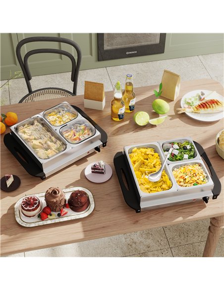 HOMCOM 4.5L Stainless Steel Electric Buffet Server, with 3x Trays and Lids, Set of 2