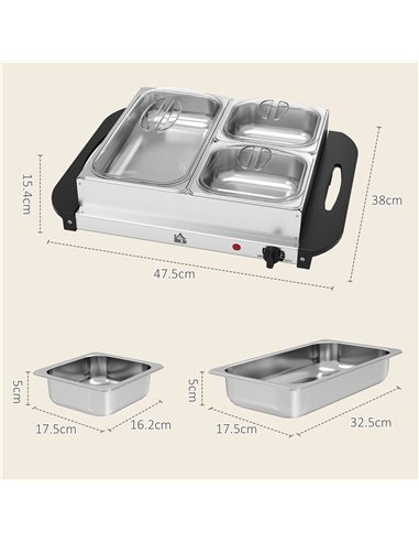 HOMCOM 4.5L Stainless Steel Electric Buffet Server, with 3x Trays and Lids, Set of 2