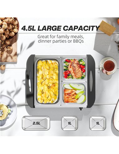 HOMCOM 4.5L Stainless Steel Electric Buffet Server, with 3x Trays and Lids, Set of 2