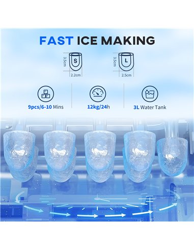 HOMCOM 3L Ice Maker Machine and Water Dispenser, 12kg in 24H, 2 Sizes 9 Ice Cubes Ready in 6-10 Mins Ice Machine, Red