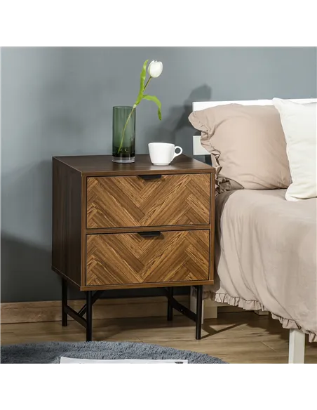 HOMCOM Bedside Table with Two Drawers, Side Cabinet Storage Unit with Metal Handles, Organisation Furniture for Living Room, Bed