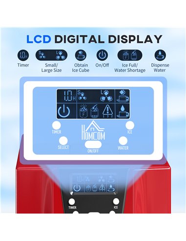 HOMCOM 3L Ice Maker Machine and Water Dispenser, 12kg in 24H, 2 Sizes 9 Ice Cubes Ready in 6-10 Mins Ice Machine, Red