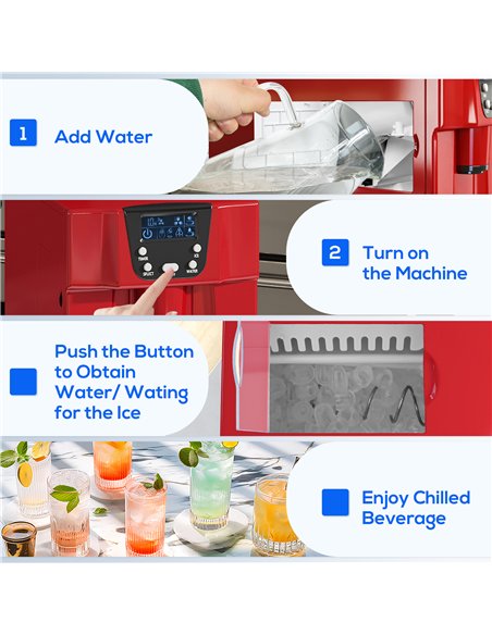 HOMCOM 3L Ice Maker Machine and Water Dispenser, 12kg in 24H, 2 Sizes 9 Ice Cubes Ready in 6-10 Mins Ice Machine, Red