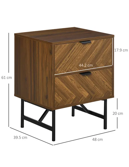 HOMCOM Bedside Table with Two Drawers, Side Cabinet Storage Unit with Metal Handles, Organisation Furniture for Living Room, Bed