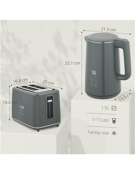 HOMCOM Digital Stainless Steel Kettle and Toaster Set, 1.5L 3000W Fast Boil Kettle, 2 Slice Toaster with 7 Level Browning Contro