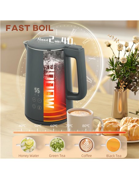 HOMCOM Digital Stainless Steel Kettle and Toaster Set, 1.5L 3000W Fast Boil Kettle, 2 Slice Toaster with 7 Level Browning Contro