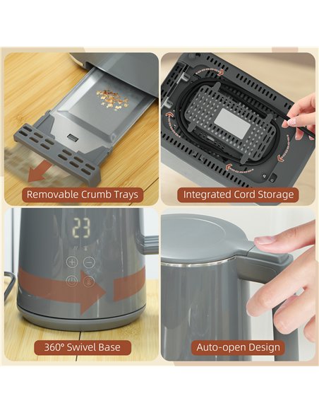 HOMCOM Digital Stainless Steel Kettle and Toaster Set, 1.5L 3000W Fast Boil Kettle, 2 Slice Toaster with 7 Level Browning Contro