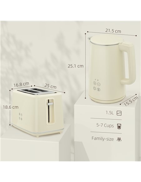 HOMCOM Digital Stainless Steel Kettle and Toaster Set, 1.5L 3000W Fast Boil Kettle, 2 Slice Toaster with 7 Level Browning Contro